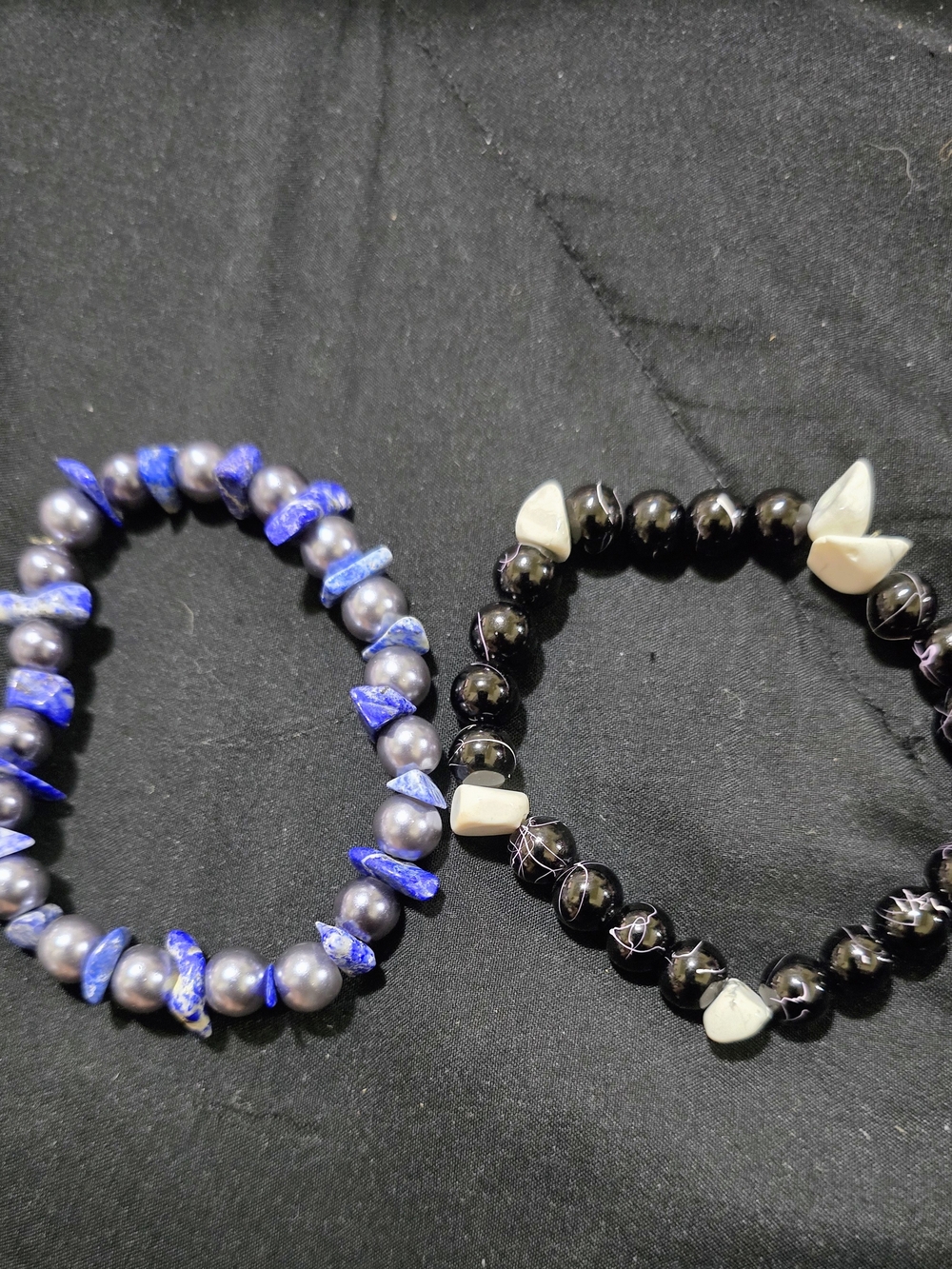 2 Pc SET Blue and Black Beaded Stretch Bracelets Set -